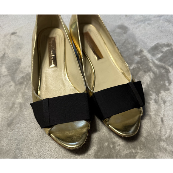 Rupert Sanderson London Gold Mirror Peep Open Toe Black Bow Retro Style Flats - Picture 10 of 13